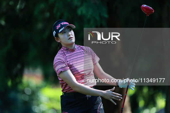 Chisato Iwai of Japan tees off on the 12th hole during Day Two of the KPMG Women's PGA Championship at Sahalee Country Club in Sammamish, Wa...