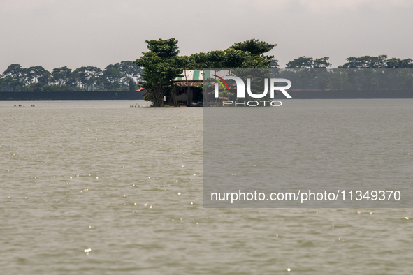 A house is being seen partially submerged after a flood in Gowainghat, Sylhet, Bangladesh, on Friday, June 21, 2024. 