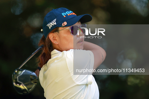 Mina Harigae of Monterey, California hits from the 16th tee during the second round of the KPMG Women's PGA Championship at Sahalee Country...