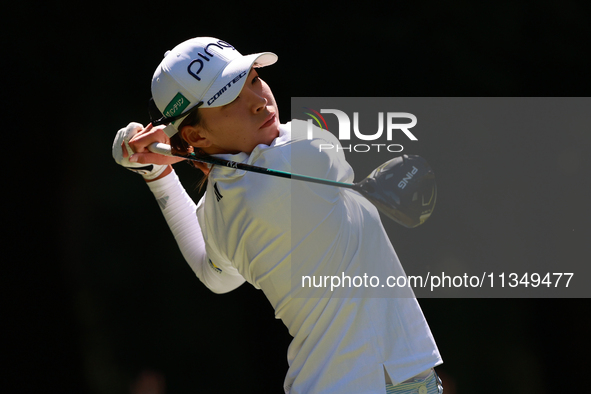 Hinako Shibuno of Japan tees off on the 7th hole during Day Two of the KPMG Women's PGA Championship at Sahalee Country Club in Sammamish, W...