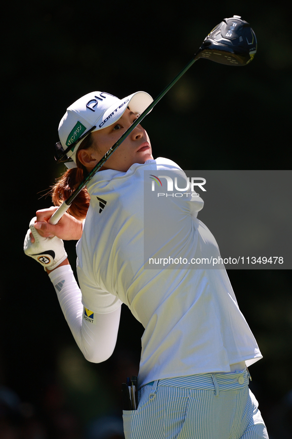 Hinako Shibuno of Japan tees off on the 7th hole during Day Two of the KPMG Women's PGA Championship at Sahalee Country Club in Sammamish, W...