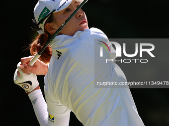 Hinako Shibuno of Japan tees off on the 7th hole during Day Two of the KPMG Women's PGA Championship at Sahalee Country Club in Sammamish, W...