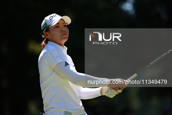 Hinako Shibuno of Japan tees off on the 7th hole during Day Two of the KPMG Women's PGA Championship at Sahalee Country Club in Sammamish, W...