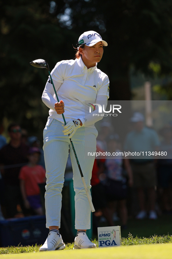 Hinako Shibuno of Japan tees off on the 7th hole during Day Two of the KPMG Women's PGA Championship at Sahalee Country Club in Sammamish, W...