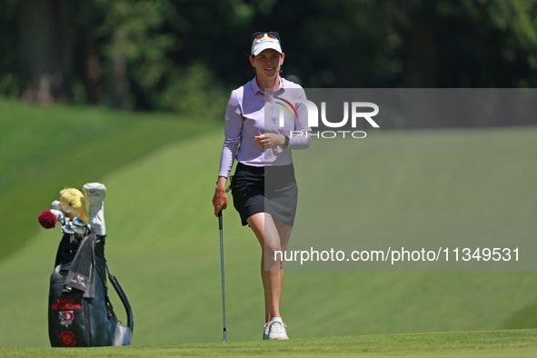 Sarah Schmelzel of the United States looks over the 18th green during Day Two of the KPMG Women's PGA Championship at Sahalee Country Club i...