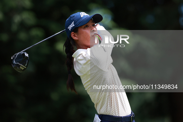 Celine Boutier of France tees off on the 7th tee during Day Two of the KPMG Women's PGA Championship at Sahalee Country Club in Sammamish, W...