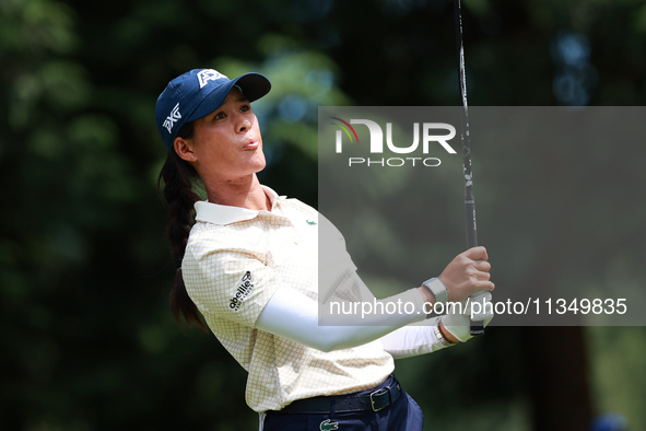 Celine Boutier of France tees off on the 7th tee during Day Two of the KPMG Women's PGA Championship at Sahalee Country Club in Sammamish, W...