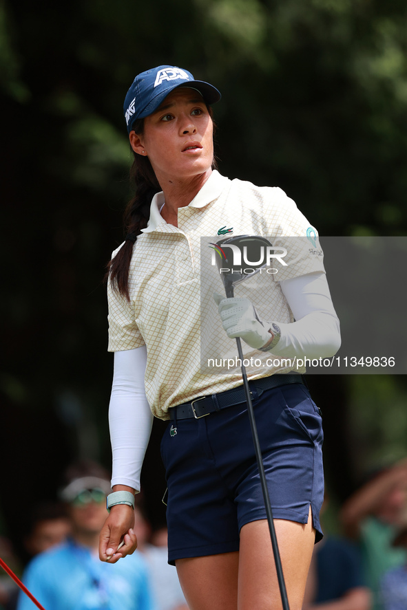 Celine Boutier of France tees off on the 7th tee during Day Two of the KPMG Women's PGA Championship at Sahalee Country Club in Sammamish, W...