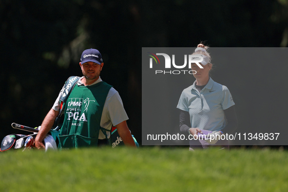 Nelly Korda of the United States prepares for her second shot on the first hole during Day Two of the KPMG Women's PGA Championship at Sahal...