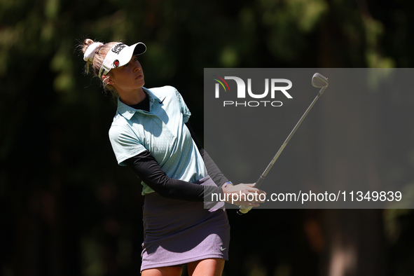 Nelly Korda of the United States follows her fairway shot on the first hole during Day Two of the KPMG Women's PGA Championship at Sahalee C...