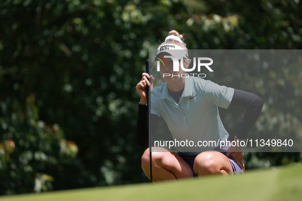 Nelly Korda of the United States lines up her putt on the first green during Day Two of the KPMG Women's PGA Championship at Sahalee Country...