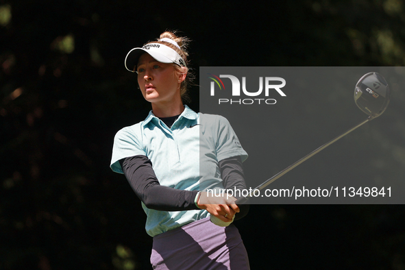 Nelly Korda of the United States tees off on the second hole during Day Two of the KPMG Women's PGA Championship at Sahalee Country Club in...