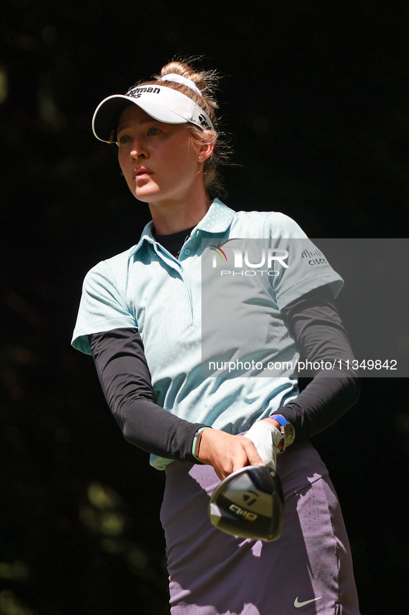 Nelly Korda of the United States tees off on the second hole during Day Two of the KPMG Women's PGA Championship at Sahalee Country Club in...