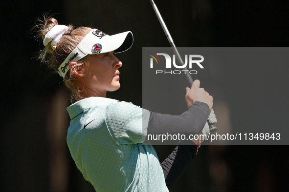 Nelly Korda of the United States follows her fairway shot on the second hole during Day Two of the KPMG Women's PGA Championship at Sahalee...