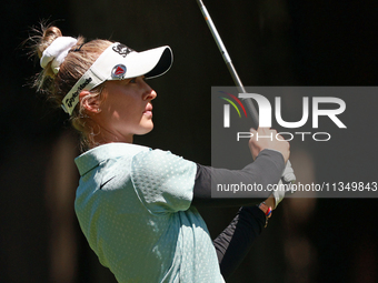 Nelly Korda of the United States follows her fairway shot on the second hole during Day Two of the KPMG Women's PGA Championship at Sahalee...