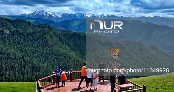 Tourists are enjoying snow-capped mountains, forests, and grasslands at the grassland section of Qilian Mountain National Park in Zhangye ci...