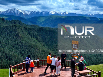 Tourists are enjoying snow-capped mountains, forests, and grasslands at the grassland section of Qilian Mountain National Park in Zhangye ci...