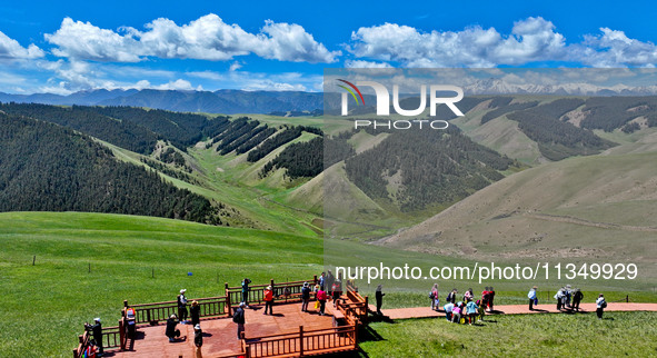 Tourists are enjoying snow-capped mountains, forests, and grasslands at the grassland section of Qilian Mountain National Park in Zhangye ci...