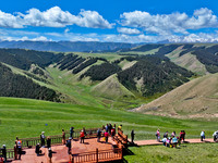 Tourists are enjoying snow-capped mountains, forests, and grasslands at the grassland section of Qilian Mountain National Park in Zhangye ci...