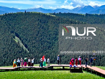 Tourists are enjoying snow-capped mountains, forests, and grasslands at the grassland section of Qilian Mountain National Park in Zhangye ci...