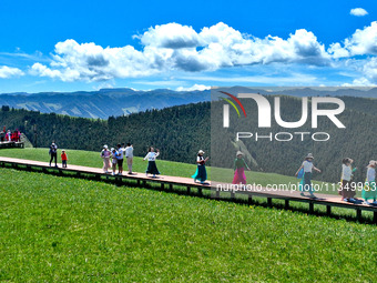 Tourists are enjoying snow-capped mountains, forests, and grasslands at the grassland section of Qilian Mountain National Park in Zhangye ci...