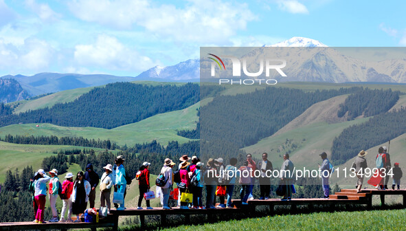 Tourists are enjoying snow-capped mountains, forests, and grasslands at the grassland section of Qilian Mountain National Park in Zhangye ci...