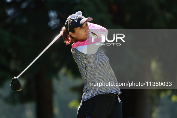 Paula Reto of South Africa tees off on the 7th hole during Day Two of the KPMG Women's PGA Championship at Sahalee Country Club in Sammamish...