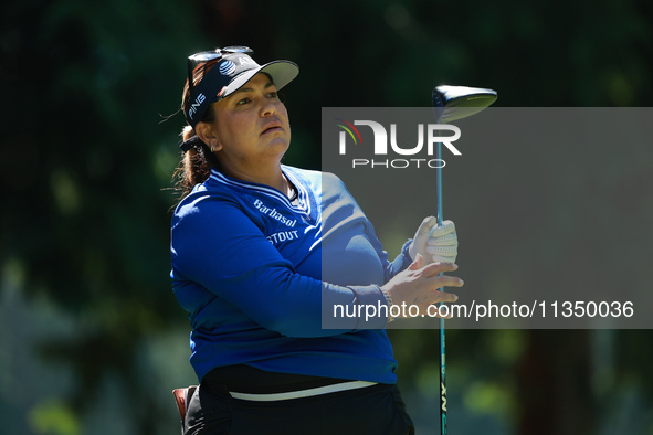 Lizette Salas of the United States tees off on the 7th hole during Day Two of the KPMG Women's PGA Championship at Sahalee Country Club in S...