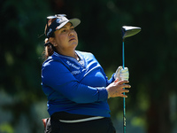 Lizette Salas of the United States tees off on the 7th hole during Day Two of the KPMG Women's PGA Championship at Sahalee Country Club in S...