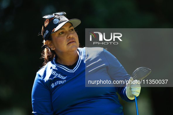 Lizette Salas of the United States tees off on the 7th hole during Day Two of the KPMG Women's PGA Championship at Sahalee Country Club in S...