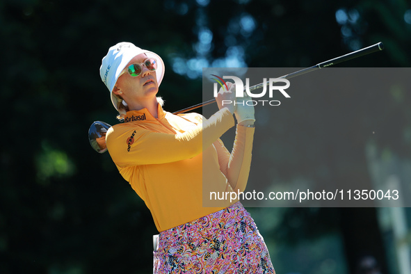 Madelene Sagstrom of Sweden tees off on the 7th hole during Day Two of the KPMG Women's PGA Championship at Sahalee Country Club in Sammamis...