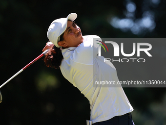 Aditi Ashok of India tees off on the 7th hole during Day Two of the KPMG Women's PGA Championship at Sahalee Country Club in Sammamish, Wash...