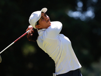 Aditi Ashok of India tees off on the 7th hole during Day Two of the KPMG Women's PGA Championship at Sahalee Country Club in Sammamish, Wash...