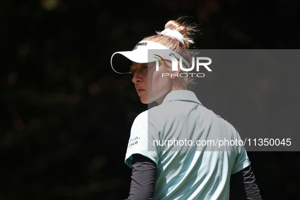 Nelly Korda of the United States reacts to her fairway shot on the first hole during Day Two of the KPMG Women's PGA Championship at Sahalee...