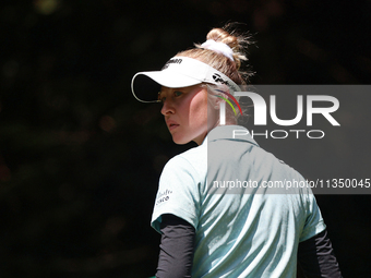 Nelly Korda of the United States reacts to her fairway shot on the first hole during Day Two of the KPMG Women's PGA Championship at Sahalee...