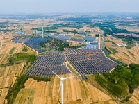 A general view of an agricultural 40 MW new energy photovoltaic power plant is being seen in the West Coast New Area of Qingdao, Shandong pr...