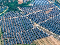 A general view of an agricultural 40 MW new energy photovoltaic power plant is being seen in the West Coast New Area of Qingdao, Shandong pr...