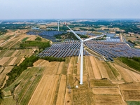 A general view of an agricultural 40 MW new energy photovoltaic power plant is being seen in the West Coast New Area of Qingdao, Shandong pr...