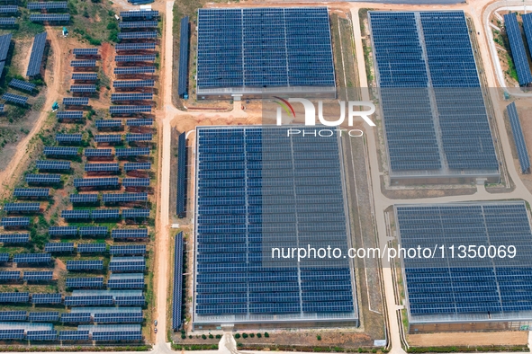 A general view of an agricultural 40 MW new energy photovoltaic power plant is being seen in the West Coast New Area of Qingdao, Shandong pr...