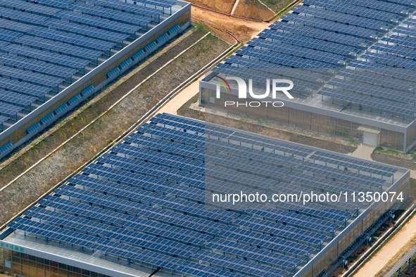 A general view of an agricultural 40 MW new energy photovoltaic power plant is being seen in the West Coast New Area of Qingdao, Shandong pr...