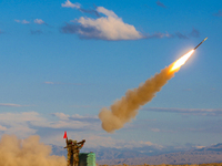 A missile is being launched to strike a low-altitude target during a live-fire tactical drill in Jiuquan, China, on June 20, 2024. (