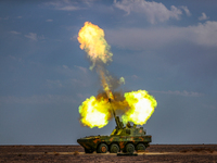 An artillery unit is conducting extreme firing during a live-fire tactical drill in Jiuquan, Gansu province, China, on June 20, 2024. (