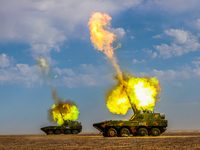 An artillery unit is conducting extreme firing during a live-fire tactical drill in Jiuquan, Gansu province, China, on June 20, 2024. (