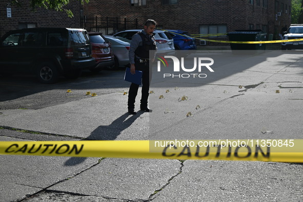 Shell casings are being located at the crime scene. A 34-year-old male victim is being shot multiple times and killed in Chicago, Illinois,...