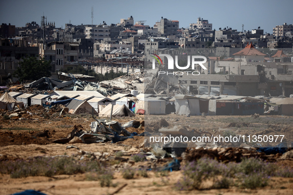 A general view is showing the displaced persons' tents in al-Bureij refugee camp in the central Gaza Strip, on June 22, 2024, amid the ongoi...