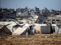 A general view is showing the displaced persons' tents in al-Bureij refugee camp in the central Gaza Strip, on June 22, 2024, amid the ongoi...