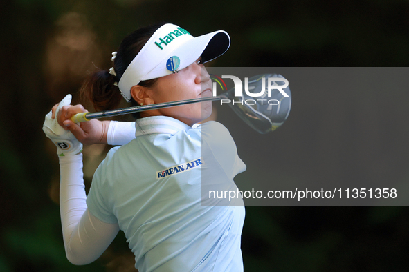 Lydia Ko of New Zealand hits from the 16th tee during the second round of the KPMG Women's PGA Championship at Sahalee Country Club on Frida...