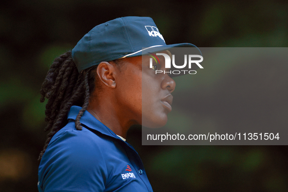 Mariah Stackhouse of Riverdale, Georgia walks from the 16th tee during the second round of the KPMG Women's PGA Championship at Sahalee Coun...