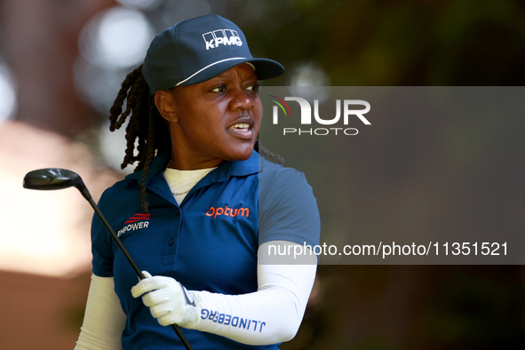 Mariah Stackhouse of Riverdale, Georgia looks from the 16th tee during the second round of the KPMG Women's PGA Championship at Sahalee Coun...