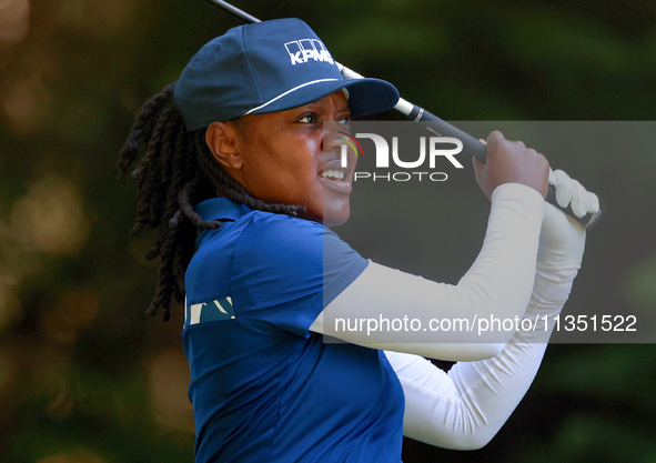 Mariah Stackhouse of Riverdale, Georgia hits from the 16th tee during the second round of the KPMG Women's PGA Championship at Sahalee Count...